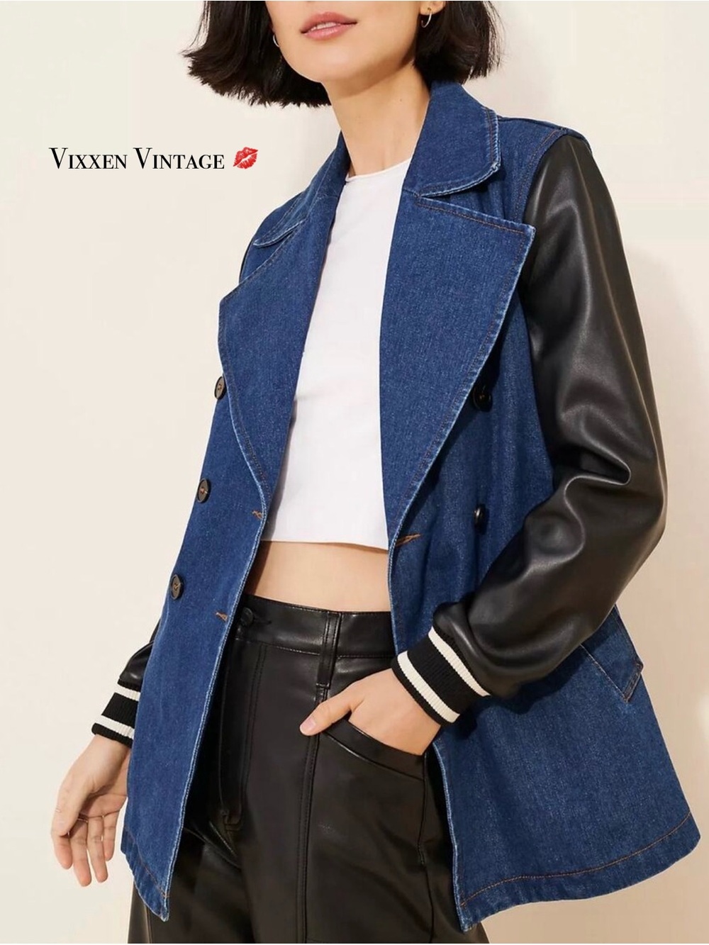 DOLAN 'DENIM VEGAN LEATHER SLEEVE MIX JACKET' IN BLUE